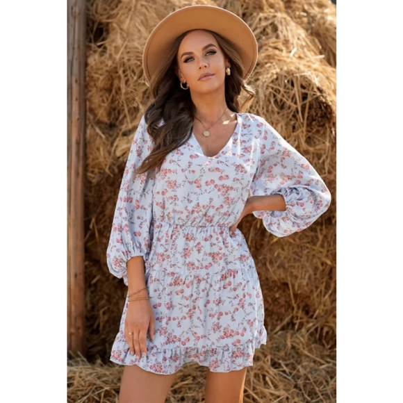 LAST ONE! Plus Size LINDSAY Blue And Floral V Neck Mini Dress - Picture 3 of 12